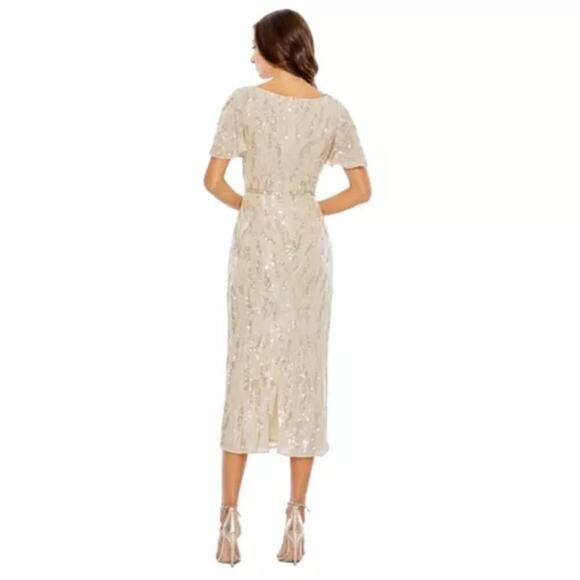 Mac Duggal Oyster Beige Sequined V Neck Flutter Sleeve Tea Length Dress 6 NWT - Picture 2 of 11